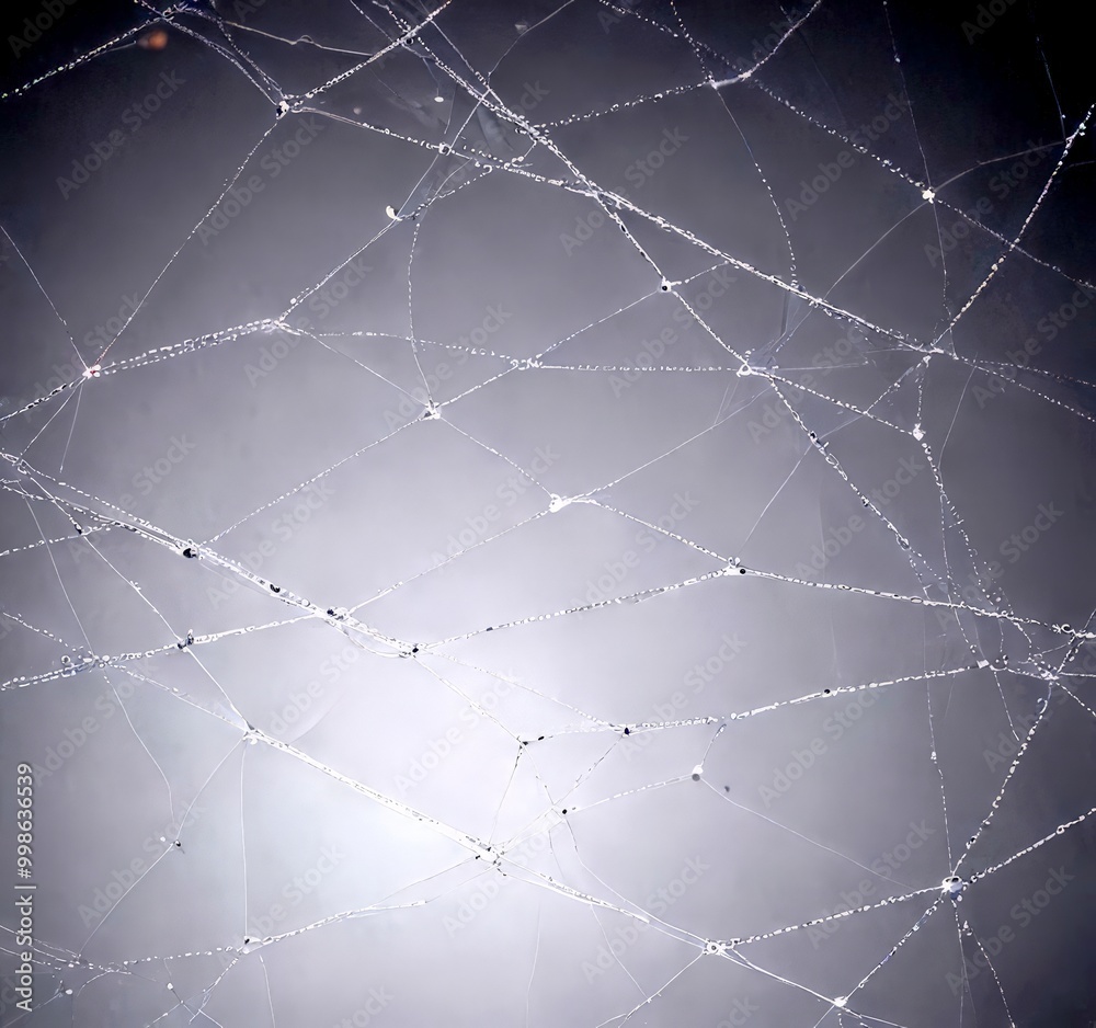 Poster a close-up view spider web, with water droplets clinging to the intricate network of thin strands
