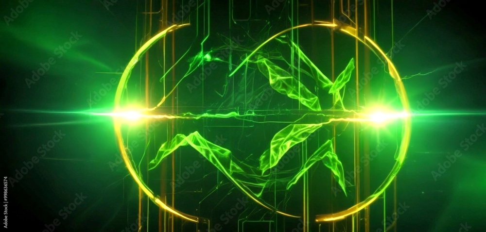 Aufkleber a digital art piece with a green and yellow color scheme, depicting a circular design with a wave-li