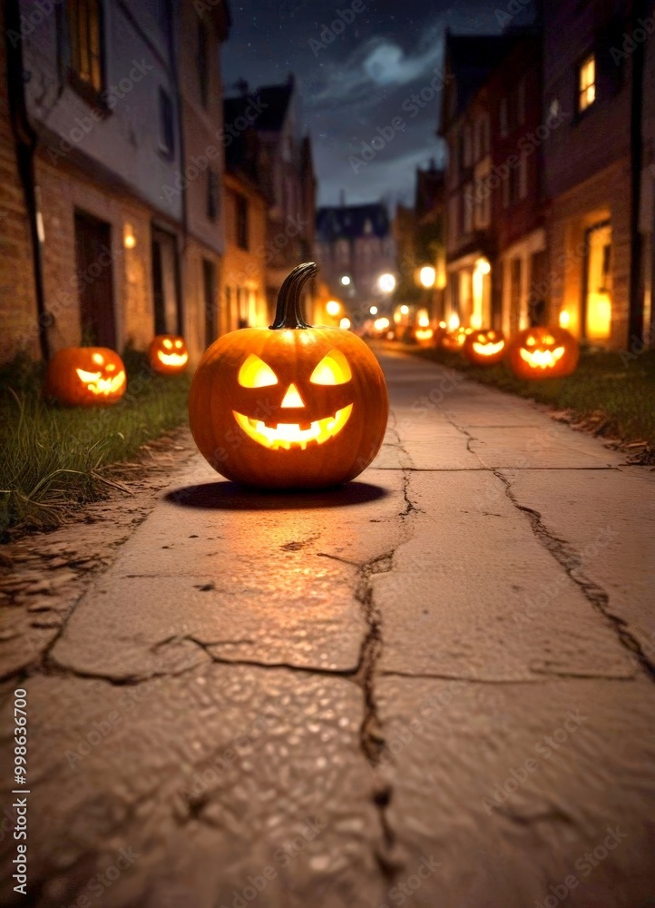 Poster a group of jack-o'-lanterns with carved faces are displayed on a cobblestone street at night, with b