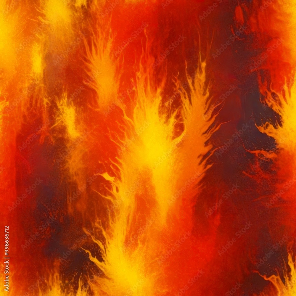 Poster a vibrant abstract pattern with a fiery color palette, including shades of orange, yellow, and red The pattern is composed of overlapping brushstrokes, creating a dynamic