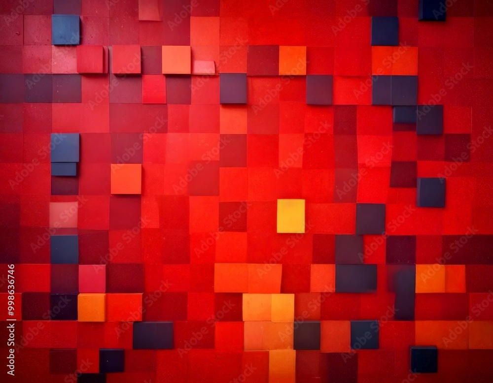 Poster a vibrant abstract pattern composed of overlapping red, orange, and black squares, creating a dynamic and visually striking composition