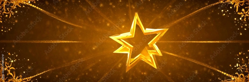 Poster a golden star-shaped object is centered against a dark background with a radiant golden glow and sca