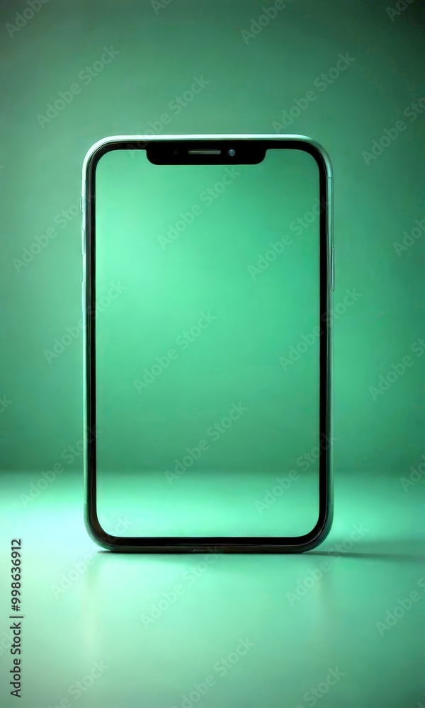 Poster a smartphone with a black frame and a green screen is shown against a dark green background
