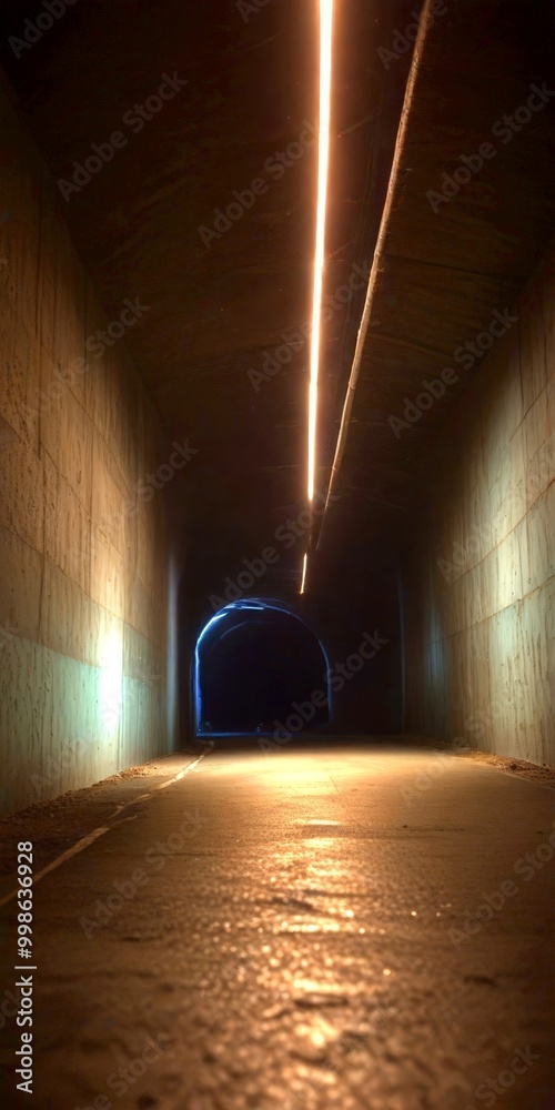 Aufkleber A long, dimly lit concrete tunnel with a single light source on the right side, creating a sense of depth and mystery