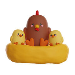 A chicken sitting in a nest with chicks, a cute 3D render illustration playful colors