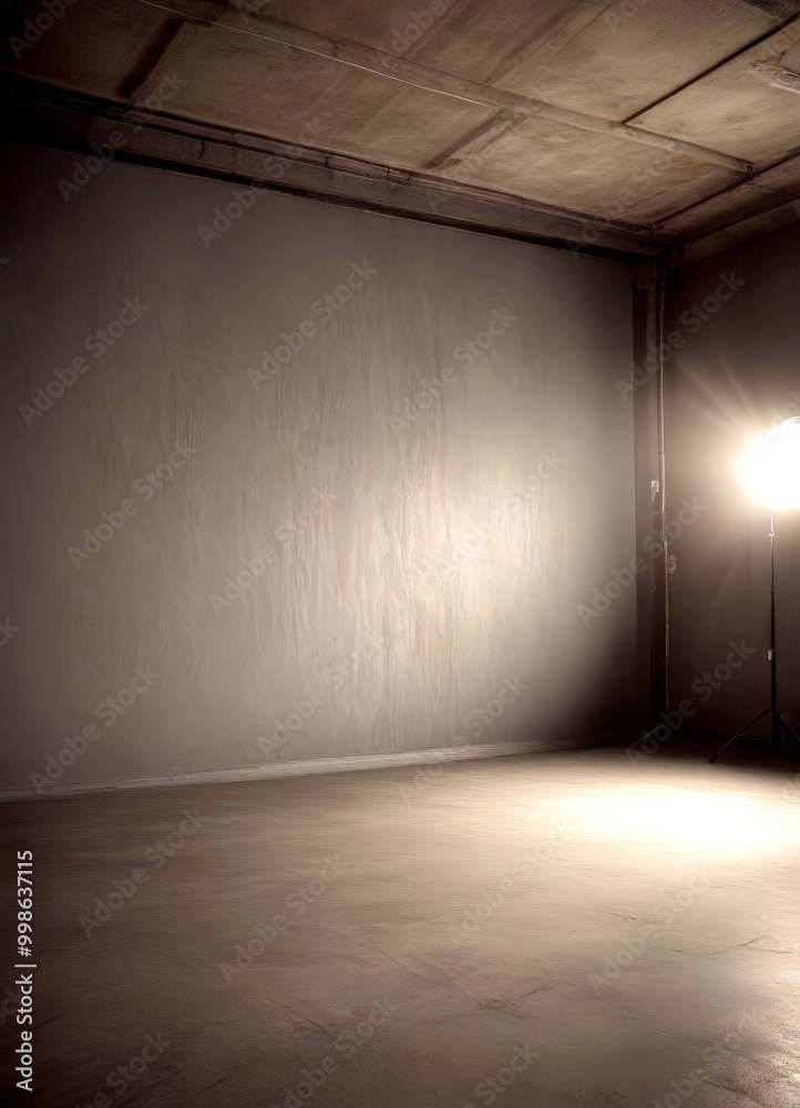 Aufkleber A dimly lit room with a concrete floor, a concrete ceiling, and a single light source on the right side, creating a moody and atmospheric setting
