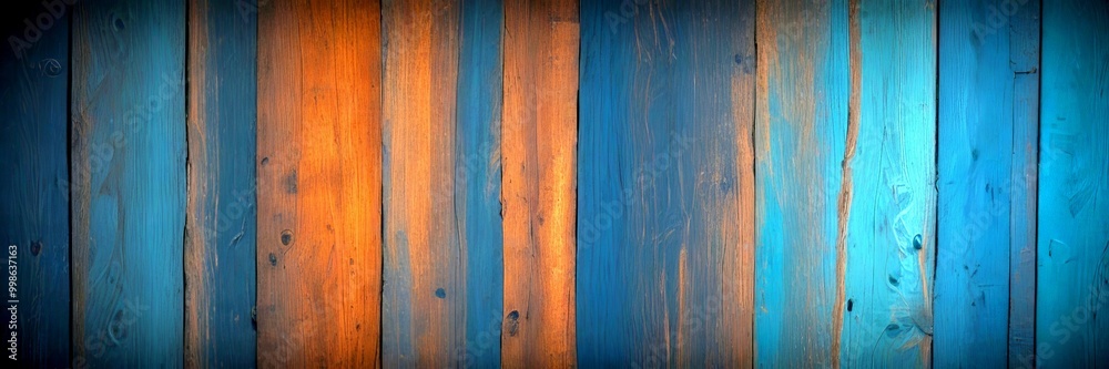 Poster a close-up view wooden wall with vertical planks in various shades of blue and orange, creating a te