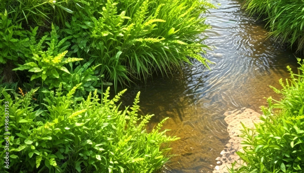 Poster a tranquil stream flows through a lush, verdant landscape, with the water gently rippling and reflec