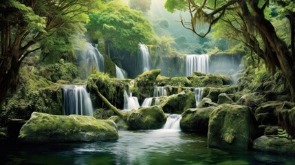 Tranquil Waterfall Scene in Lush Jungle
