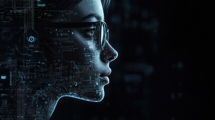 Profile view of a woman's face, illuminated by blue and white glowing circuit board patterns.
