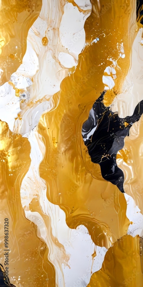 Poster an abstract painting featuring a swirling pattern of white, black, and gold colors, with splashes of