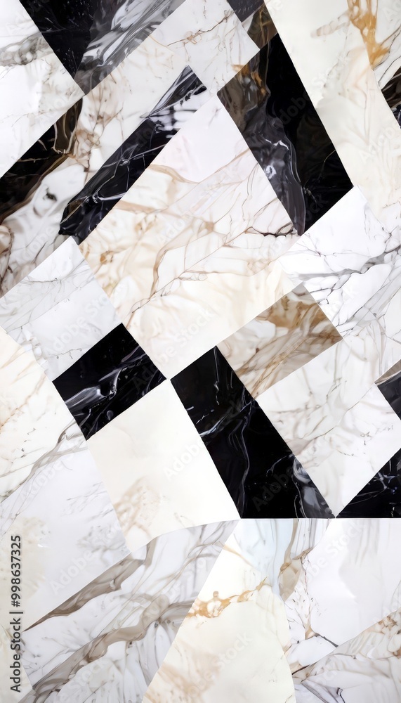 Poster a close-up view marble surface composed of irregularly shaped tiles in various shades of white, blac