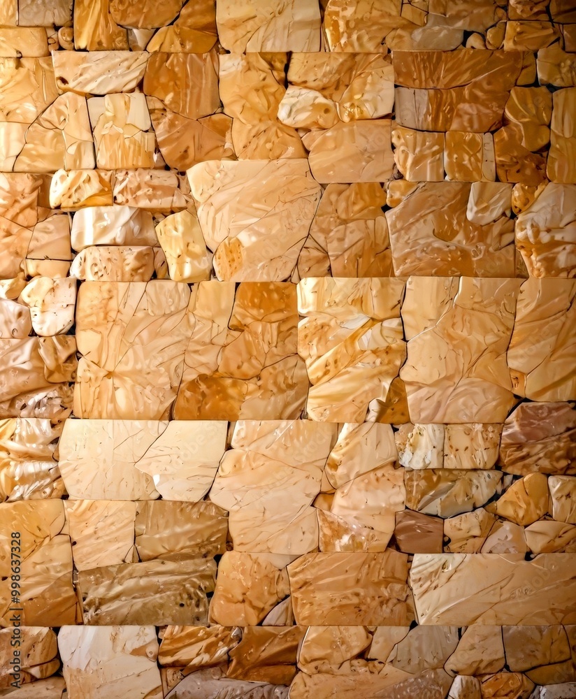 Poster a close-up view textured wall composed of irregularly shaped stone blocks in various shades of brown
