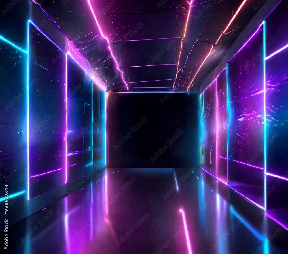 Poster a long, dimly lit corridor with a reflective floor and walls adorned with vibrant neon lights in sha