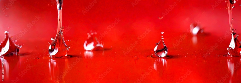 Poster water droplets in motion, captured in a dynamic close-up shot against a vibrant red background