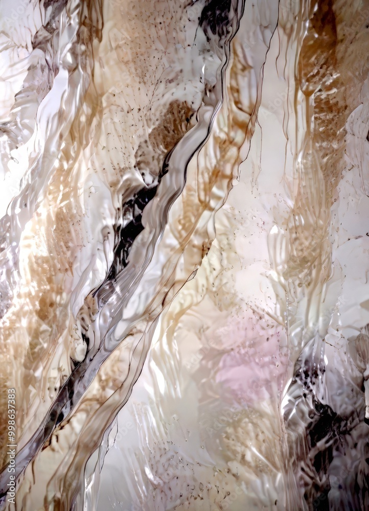 Poster a close-up view textured surface with a pattern of wavy lines and a mix of light and dark colors, resembling a marble or stone texture
