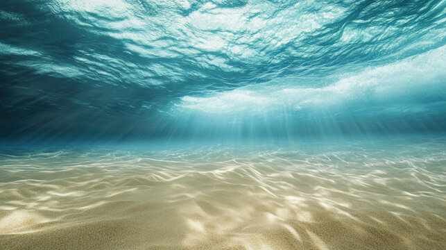 Beneath surface, powerful ocean current moves sand and life, creating serene underwater landscape filled with shimmering light and gentle waves