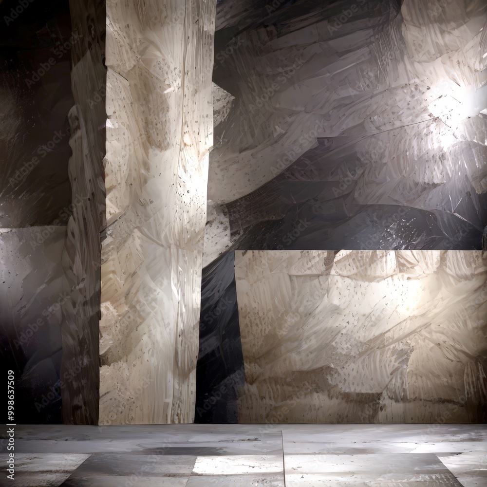 Poster a large, abstract concrete sculpture with a textured surface, set against a dark background