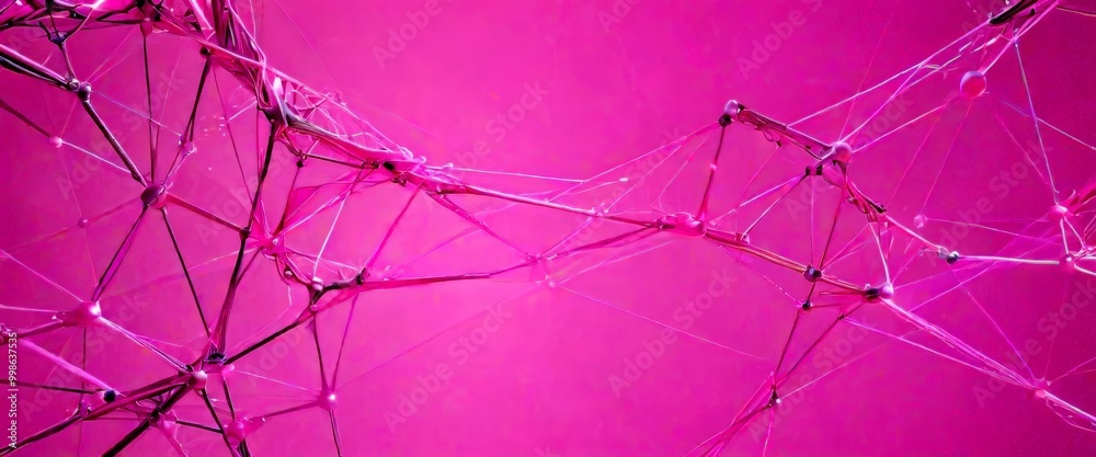 Poster a close-up view complex network of interconnected lines and dots, creating a visually striking abstract pattern against a vibrant pink background