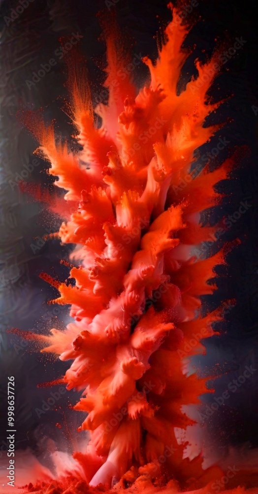 Poster a vibrant explosion of red powder against a dark background, creating a dynamic and visually strikin