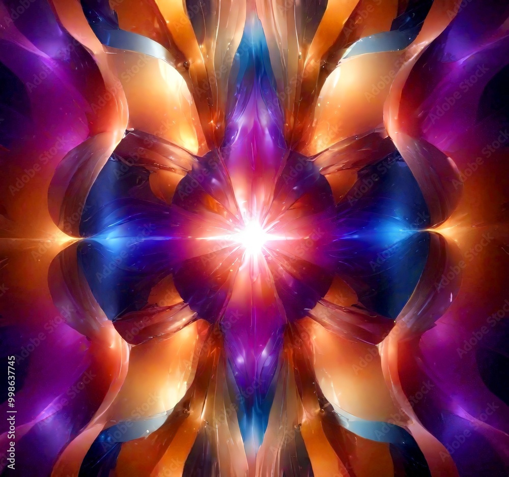 Fototapete a digital art piece featuring a symmetrical design with a central bright light surrounded by a vibra