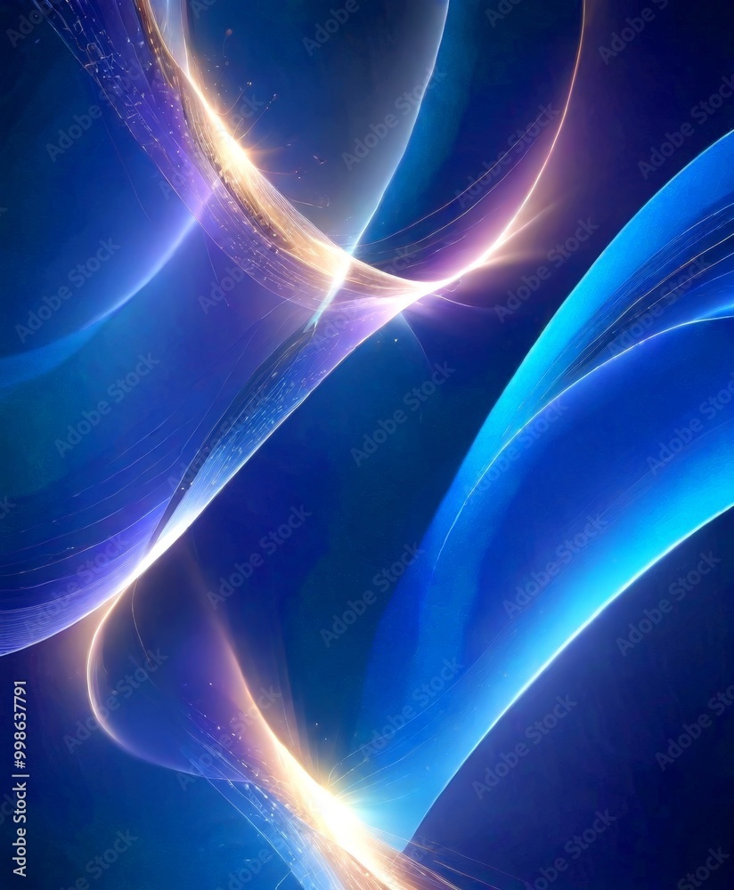 Poster a vibrant abstract composition of blue and purple hues, with a central beam of light and a series of curved lines and swirls extending from it, creating a dynamic and