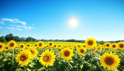 Fototapeta premium Sunflower Field. Sunflowers in Bloom. Sunflower Garden. Golden Hour Sunflowers. Sunny Sunflower Field.