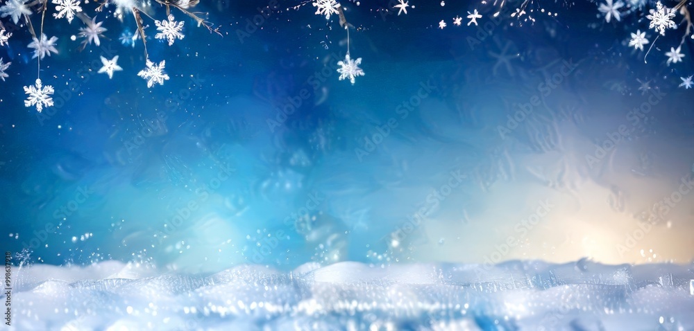 Aufkleber a serene winter scene with snowflakes falling against a blue-green gradient background, creating a d