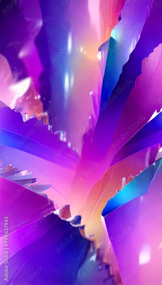 Poster a digital art piece featuring a vibrant abstract composition of overlapping, intersecting lines and shapes in shades of purple, blue, and orange, creating a
