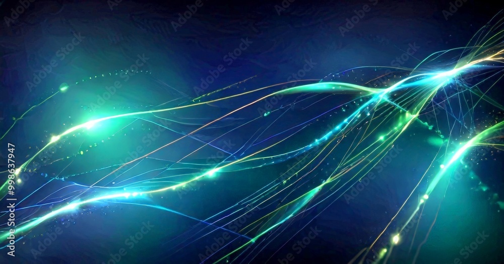 Poster a dark background with a vibrant display of green and blue lines and lights, creating a dynamic and abstract visual effect