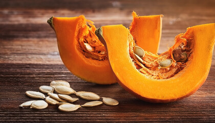 Pumpkin slices with seeds over rustic wooden background