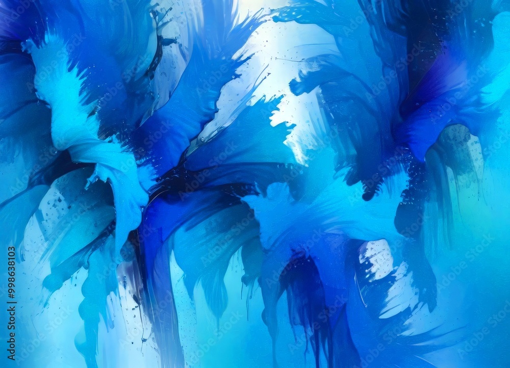 Aufkleber an abstract painting featuring a vibrant blue color palette with splashes of white and black, creati