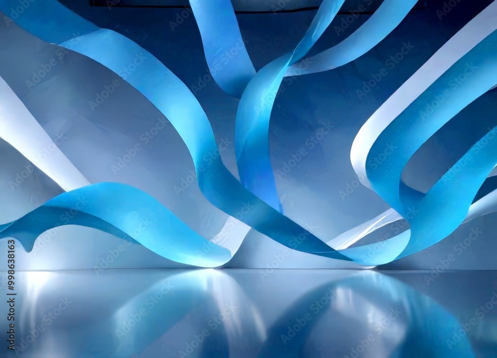 Poster a room with a large, abstract sculpture made of blue and white ribbons suspended from the ceiling, c