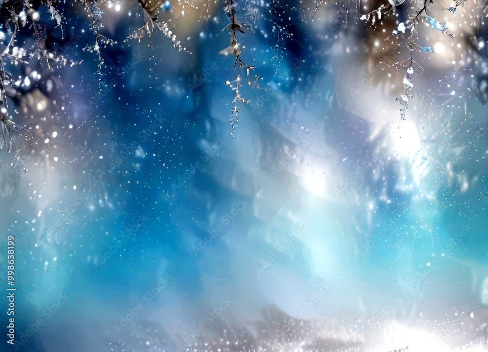 Poster a serene winter scene with snow-covered branches and a soft, blurred blue sky the branches are adorn