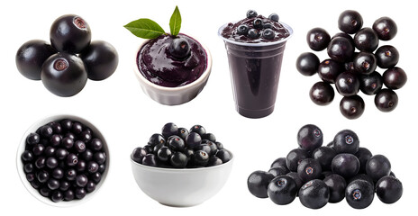 Acai Açaí berry berries fruit, many angles view top front heap pile bowl puree smoothie isolated on transparent background cutout, PNG file. Mockup template for artwork graphic design