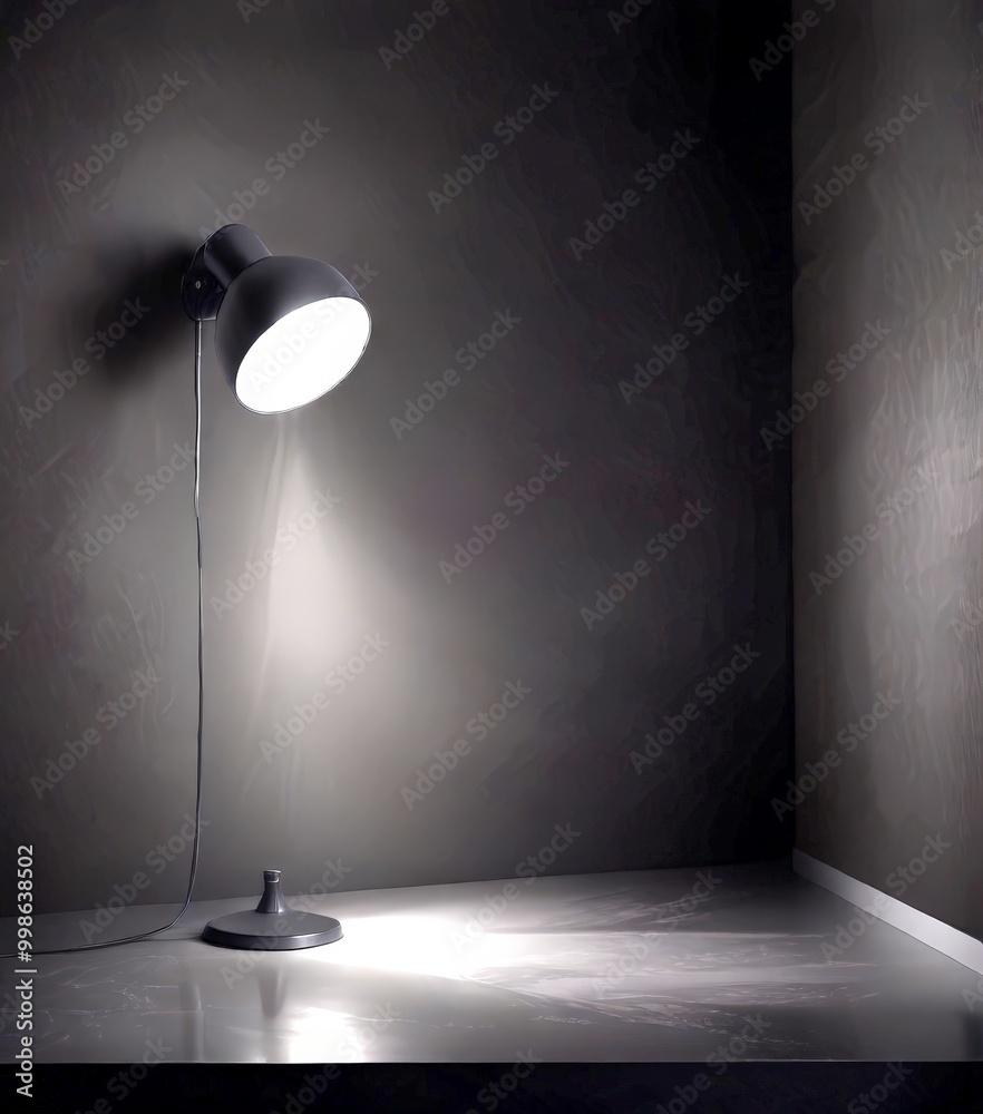 Poster a black floor lamp with a white shade is positioned in a dimly lit room, casting a focused beam of l