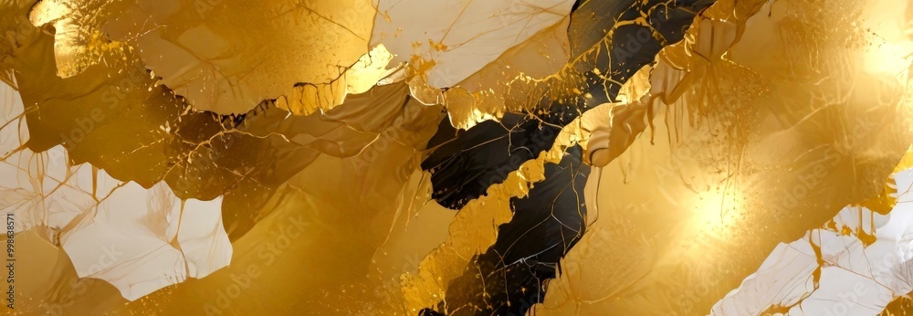 Fototapete a close-up view textured abstract painting with a golden and black color palette the painting featur