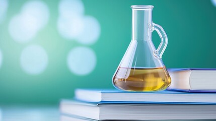A laboratory flask filled with liquid, placed on a stack of books, with a soft blue and green bokeh background, representing research and education.