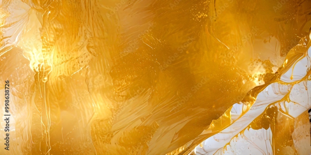 Poster a close-up view textured surface with a golden, shimmering effect The surface appears to be a mix of white and gold, with a pattern of lines and swirls that create a