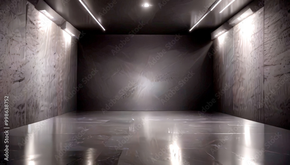 Poster a dimly lit, empty room with a concrete floor and walls, featuring a large, abstract painting on the