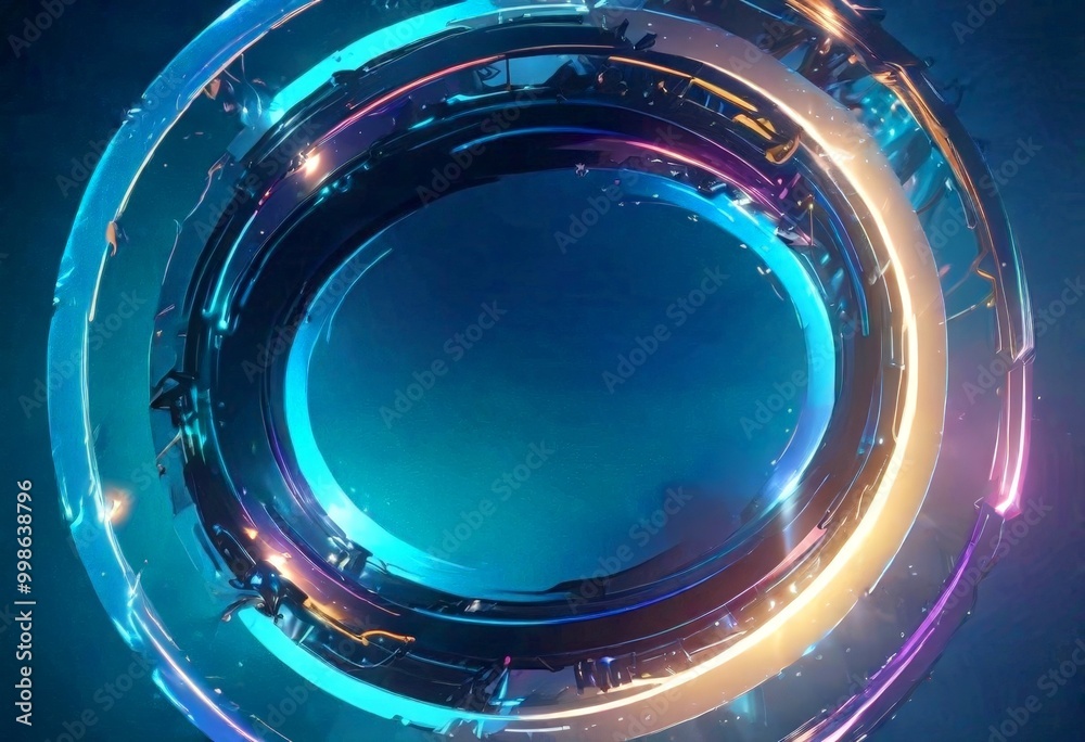 Aufkleber a circular, futuristic design with a gradient of blue, purple, and orange colors, creating a sense o