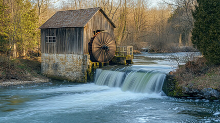 Fototapeta premium picturesque watermill stands by flowing river, showcasing large wooden wheel turning gracefully as water cascades over edge. serene landscape is framed by trees, creating tranquil atmosphere
