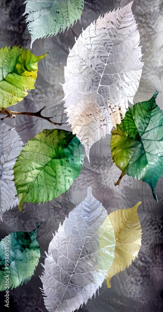 Poster a close-up view branch with green and white leaves, set against a gray background