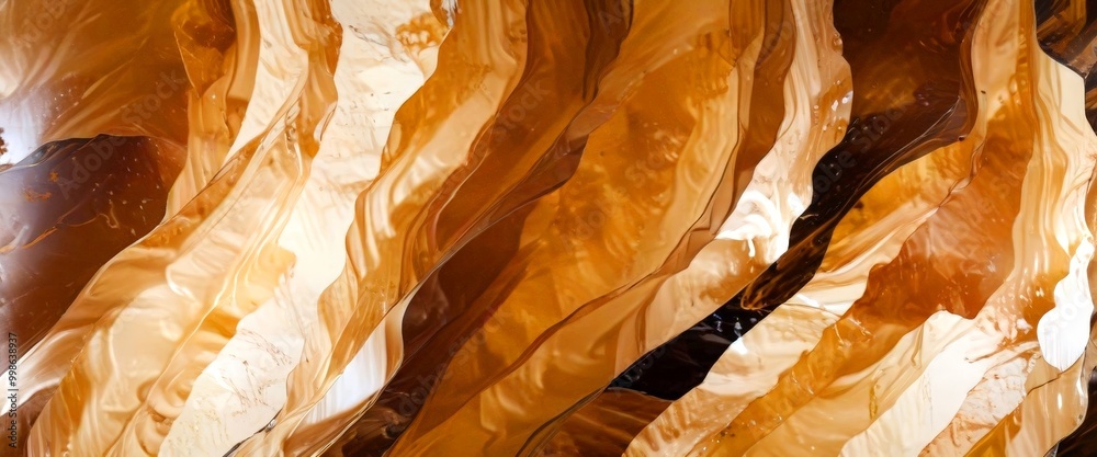 Poster a close-up view textured surface with a pattern of overlapping lines and swirls in various shades of brown and beige, creating a sense of depth and movement