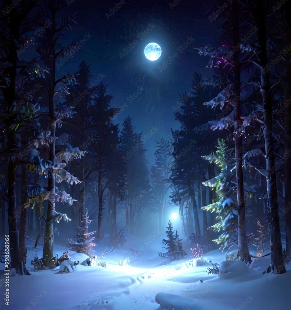 Aufkleber a moonlit forest scene with a full moon, snow-covered trees, and a path leading through the trees