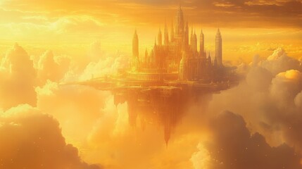 Naklejka premium A majestic palace floating in the sky, bathed in golden sunset rays, an abstract representation of the kingdom of heaven
