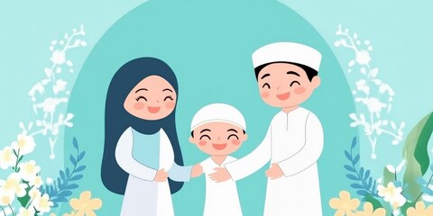 A family of three, a man, a woman and a child