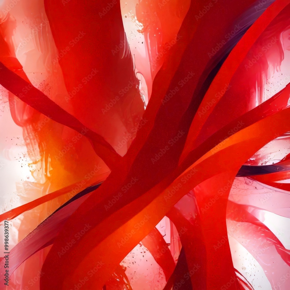 Poster an abstract digital artwork featuring bold, overlapping red and orange lines and splashes of color, creating a dynamic and energetic composition