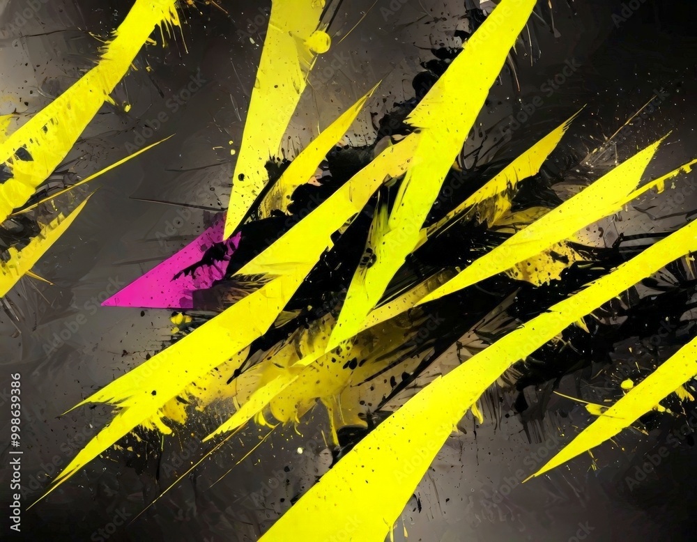 Poster a striking abstract composition of intersecting yellow and black lines, with splatters of paint and a pink triangle adding a pop of color