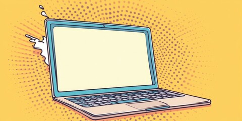 The laptop is open and the screen is blank Comic book style